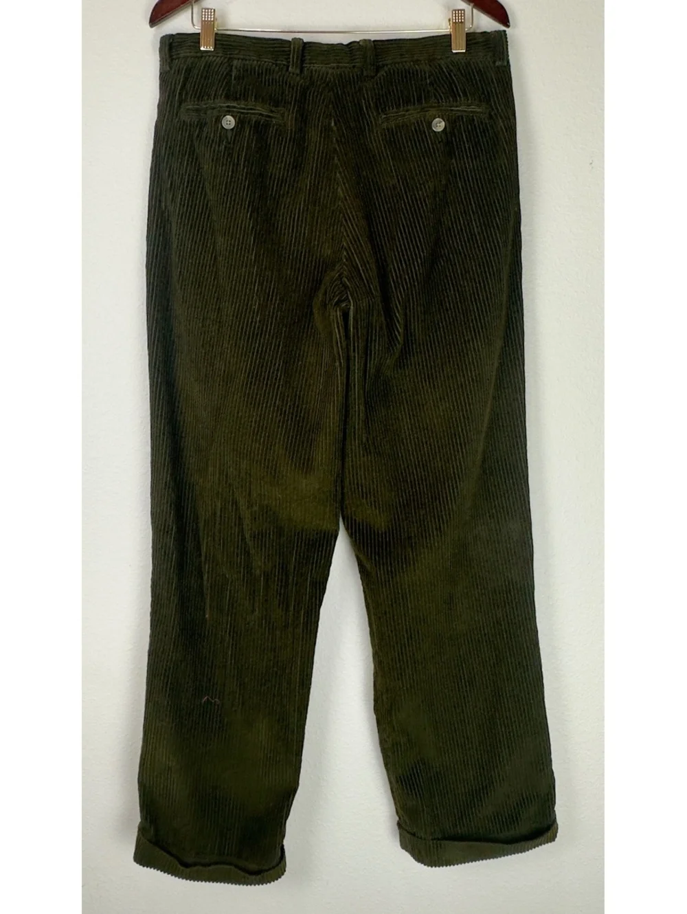 Perry Ellis Men’s Corduroy Pants 38/40 Olive Green Pleated Cuffed 100% Cotton